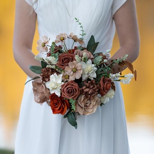 Terracotta and taupe, orange, sage green, taupe, terracotta and ivory bouquet, boho bouquet, fall bouquet
