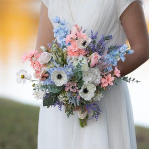 Pastel wedding bouquet, spring wedding bouquet, pale blue and light pink wedding bouquet