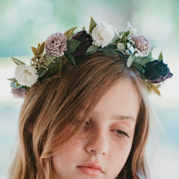 Plum and lavender floral crown, purple wedding flower girl accessory, flower girl head band