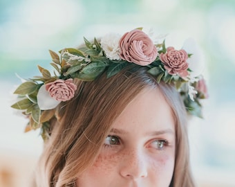 Couronne de fleurs vieux rose et crème, accessoire de demoiselle d'honneur rose et blanc cassé, serre-tête de demoiselle d'honneur