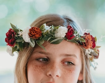 Couronne florale en terre cuite, blanc cassé et bordeaux, accessoire de demoiselle d'honneur orange brûlé et blanc cassé, serre-tête de demoiselle d'honneur