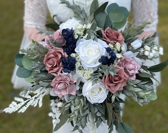 Dusty Rose and Navy Flowers, Mauve Wedding Bouquet, Pink Wedding Flowers, Custom Wedding bouquets