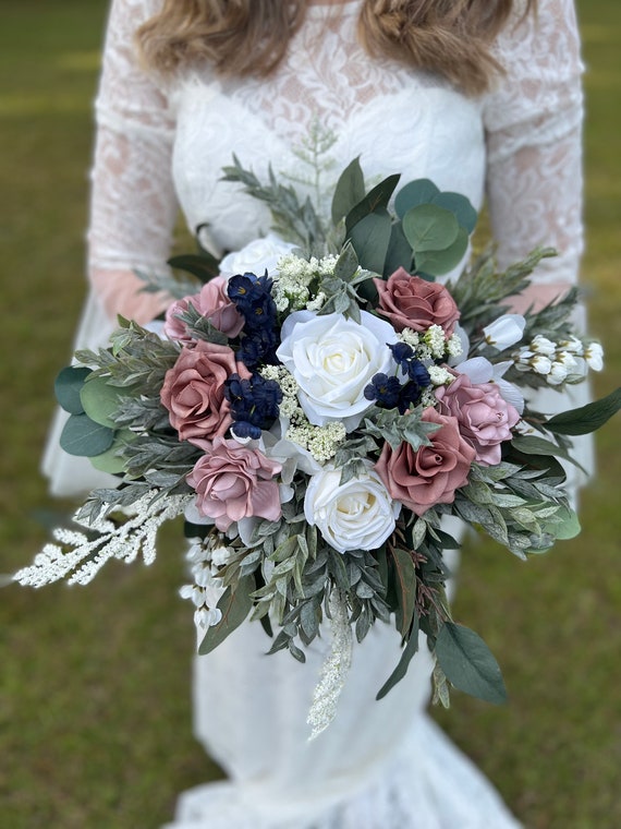 Dusty Rose and Navy Flowers, Bridal Bouquet, Mauve Wedding Bouquet