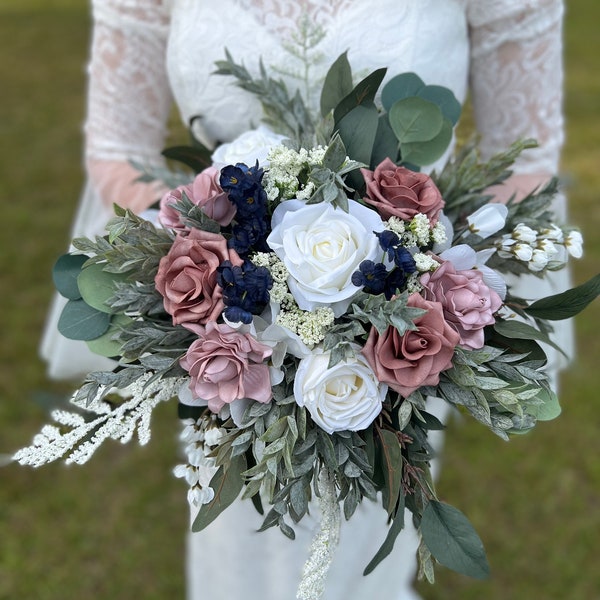 Dusty Rose and Navy Flowers, Mauve Wedding Bouquet, Pink Wedding Flowers, Custom Wedding bouquets