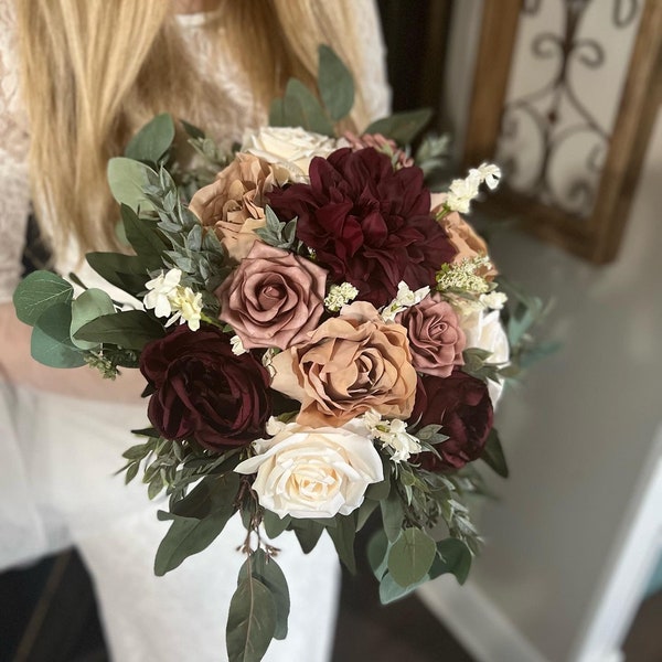 Burgundy, champagne, and dusty rose wedding bouquet, Cabernet wedding flowers, wine colored wedding bouquet, winter wedding bouquet