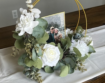 12” gold ring floral stand with photo, white wedding, faux floral centerpiece, photo centerpiece, centerpiece for circle tables