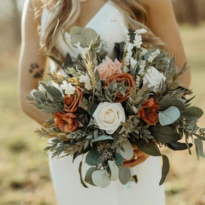 Terracotta and peach, orange, sage green, taupe, terracotta and ivory bouquet, boho bouquet, fall bouquet