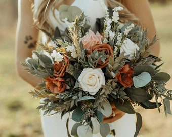 Terracotta and peach, orange, sage green, taupe, terracotta and ivory bouquet, boho bouquet, fall bouquet
