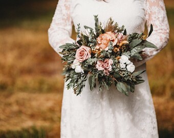Boho Dusty Rose Flowers, Rustic Bouquet Mauve Wedding