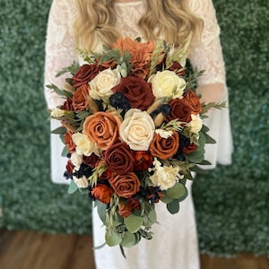 Cascade mixed Fall Bridal Wedding Wedding Bouquets, Burnt orange, Navy, Gold, Rust, Custom Fall Flowers, Boho fall flowers