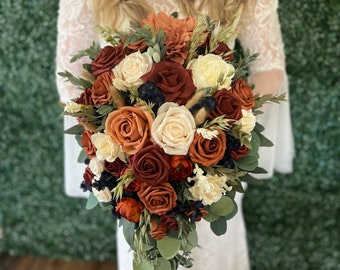 Cascade mixed Fall Bridal Wedding Wedding Bouquets, Burnt orange, Navy, Gold, Rust, Custom Fall Flowers, Boho fall flowers