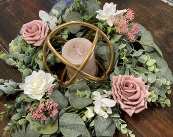 Dusty rose and cream centerpiece, dusty rose garland, floral rings for centerpieces