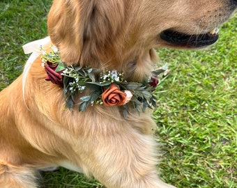 Wedding Dog Collar, Floral ring dog collar, Terracotta and rust dog collar