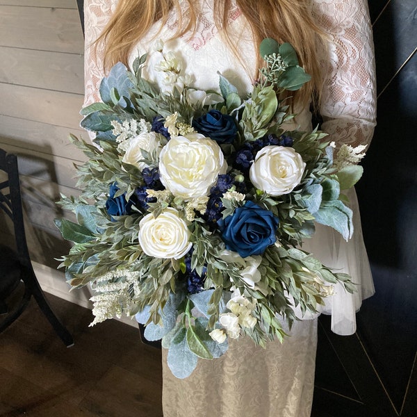 Navy, white, and sage green wedding bouquet. Navy and white wedding, spring wedding flowers