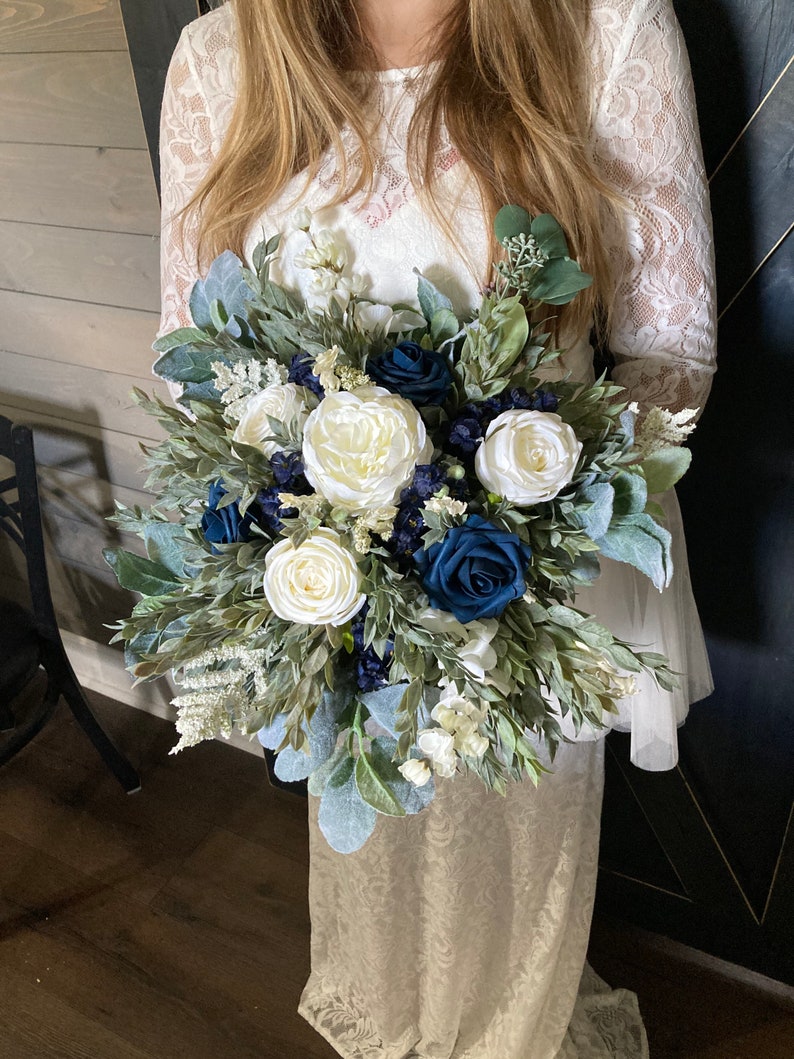 Navy white and sage green wedding bouquet. Navy and white image 1