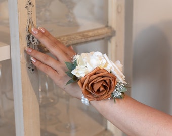 Terracotta, and cream wrist corsage for Mom or Grandma, Mom wedding flower bracelet