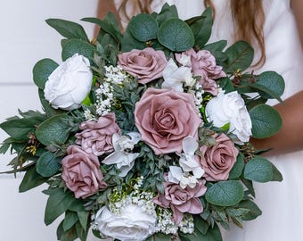 Dusty Rose Silk Wedding Bouquet, Mauve Bridal Flowers