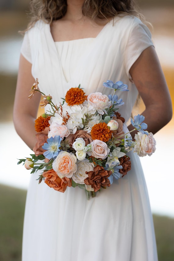 dusty blue and burnt orange bridesmaid dresses Burnt orange wedding attire