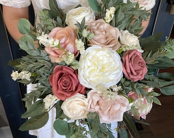 Dusty Rose Silk Wedding Bouquet, Blush Pink Bridal Flowers