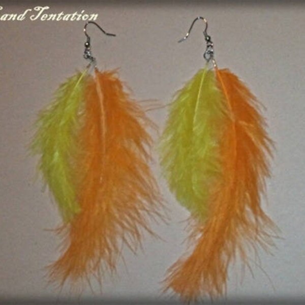 Boucles d'oreilles double plumes orange et jaune