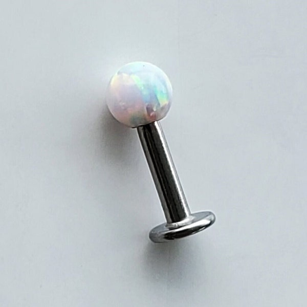 White Fire Opal Labret  14g 6mm 8mm 10mm long, 4mm or 5mm balls, Labret Flat Back Tragus Triple Forward Helix Ear Cartilage Stud