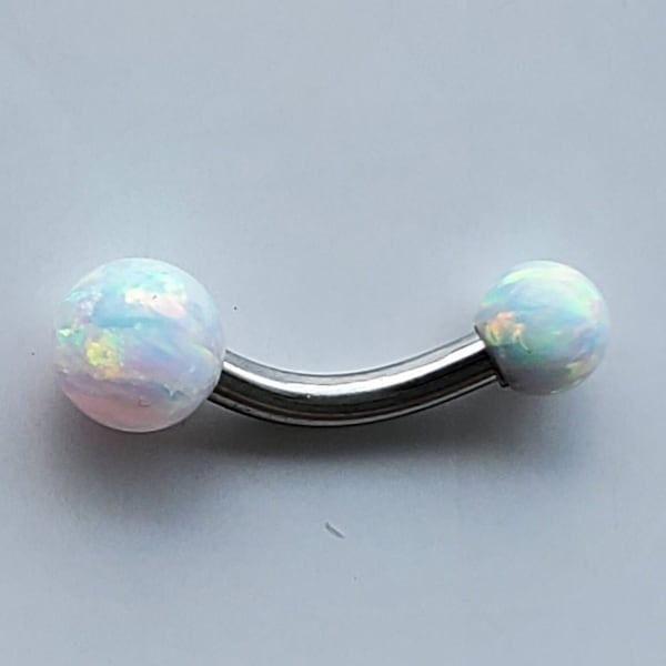 White Fire Opal Curved Barbell 14g 6mm 8mm, 4mm and 5mm Balls, Navel, Belly Button, Shallow, Tiny, Small, Short, Micro, VCH