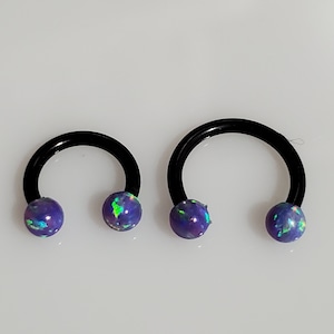 Purple Opal on Black Circular Barbell 18g or 16g, 6mm 8mm 10mm, Septum, Tragus, Lip, Eyebrow, Ear, Cartilage, Daith, Rook, Helix