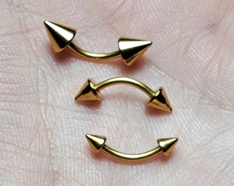 14g Spike Eyebrow Ring Yellow Gold Color Curved Barbell 6mm 8mm 10mm Cone