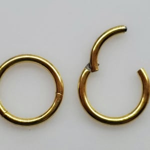 Yellow Gold Hinged Clicker Ring, Seamless, 16g 18g 20g, Stainless Steel, Nose, Septum, Tragus, Ear, Cartilage, Rook, Helix, Lip, Sold Single