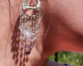 Brincos pendentes com cristal de fluorita | Joias folheadas a prata para presente