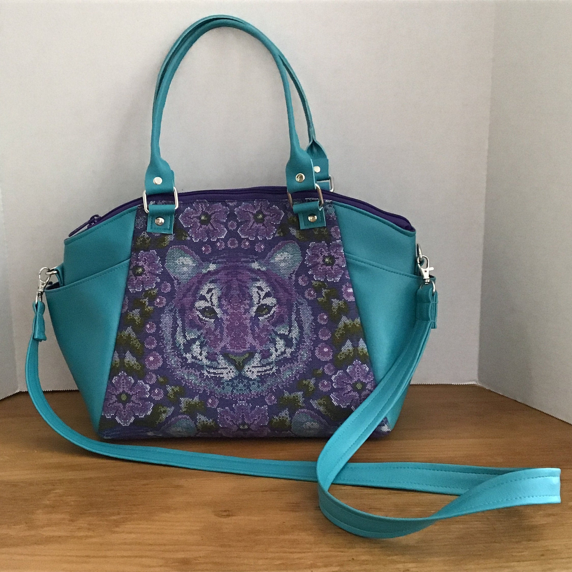 Crouching Tiger Print by Tulapink in This Colorful Handbag With Teal ...