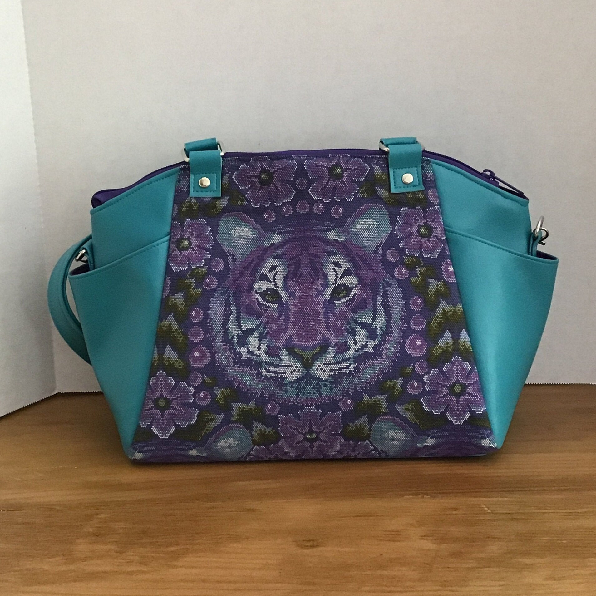 Crouching Tiger Print by Tulapink in This Colorful Handbag With Teal ...