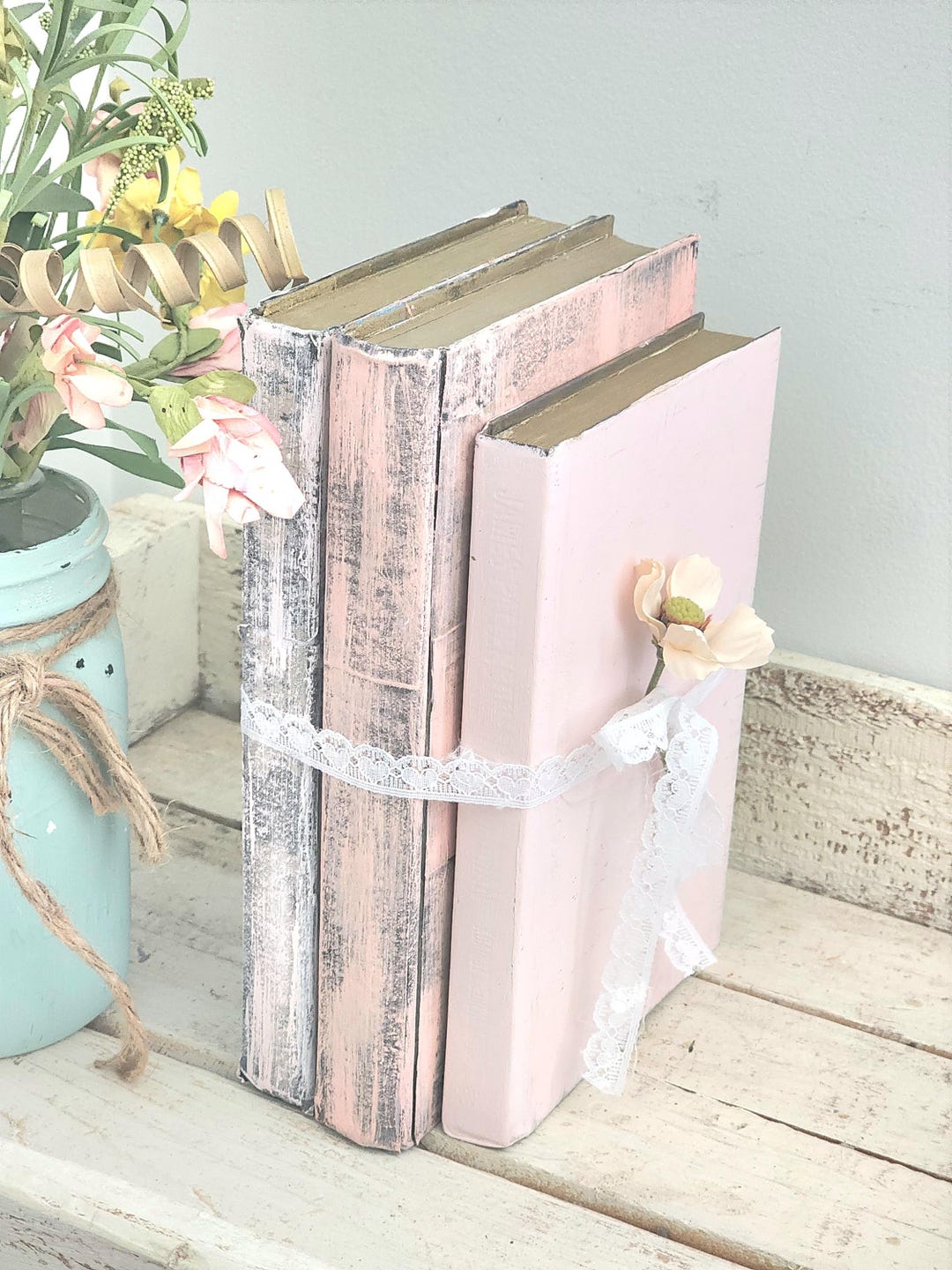 Shabby Chic Pink Book Stack: Hand-painted Farmhouse Decor - Etsy