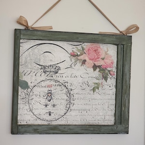 Bee & Flower Decoupage Antique Window: Green Painted Sun Catcher