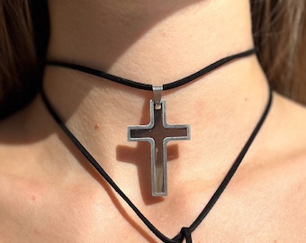 Cross choker with cords made of faux suede leather