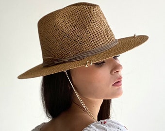 Cowgirl hat for summer with chain, Eco friendly - made of paper and raffia straw