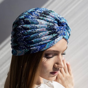 Summer lace turban for women. Colorful turban with pattern