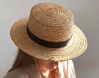 Straw boater hat with black ribbon and gold chain for women - fits perfect in spring - summer season