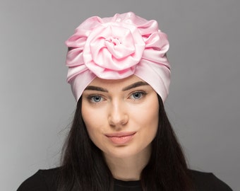 Turban en soie pour cheveux, Wrap turban en soie pour femme, turban de mariage rose pour femme