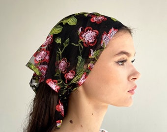 Bandana for women made of embroidered lace with flowers. Lace head scarf.