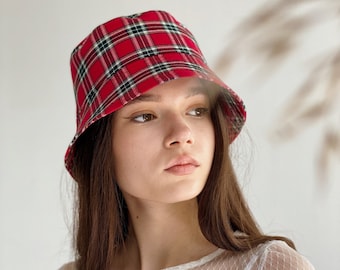 Plaid bucket hat for women, Cotton bucket hat for summer.