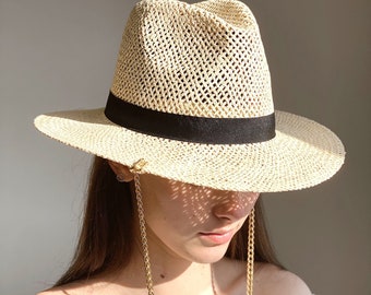 Cowboy hat for women with chain, Eco friendly - made of raffia straw