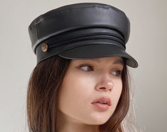 Leather fiddler cap, Women newsboy cap, Baker boy hat, Fall - Winter cap.