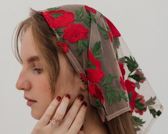 Hair scarf made of lace fabric with flower embroidery in red color for women