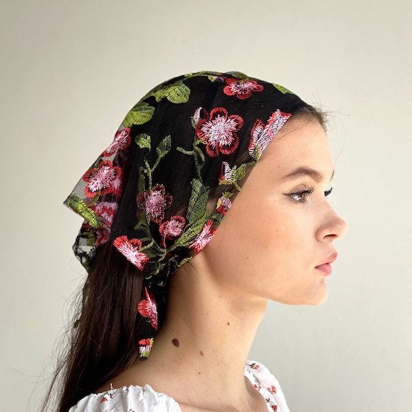 Bandana for women made of embroidered lace with flowers. Lace head scarf.