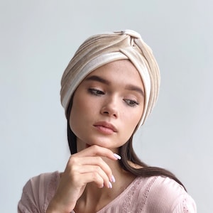 Velvet turban is pre tied and ready to ship from our warehouse in USA worldwide Beige