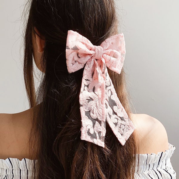 Hair bow barrette with long tail for women. Lace hair bow for girls.
