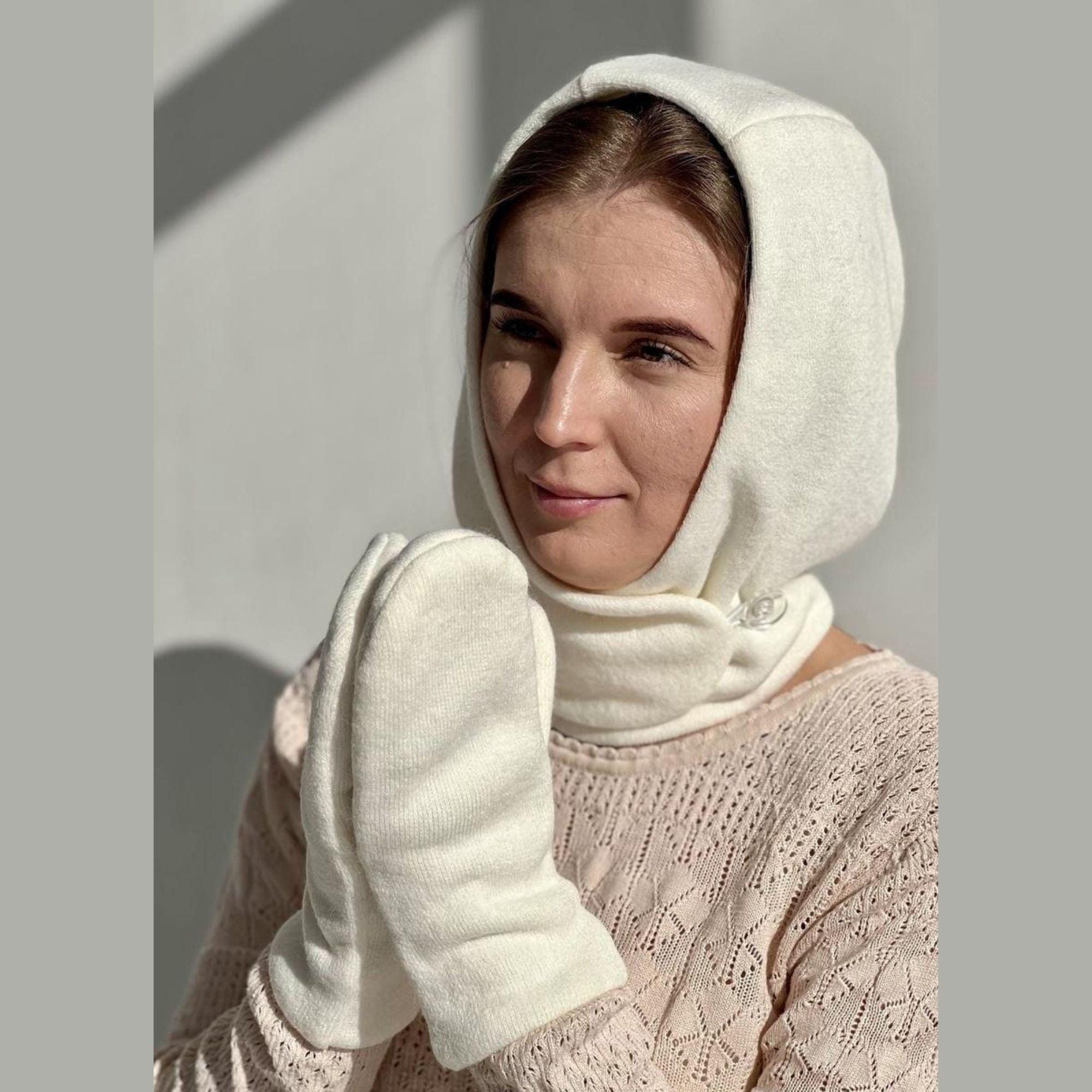 Hooded Scarf With Mittens, Hat With Fleece Lining for Cold