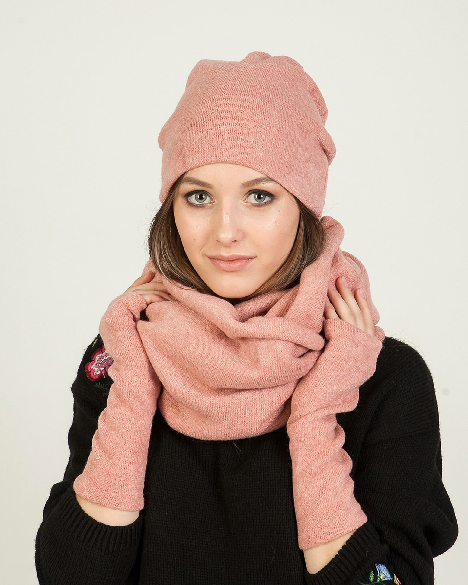 Hooded scarf hat glove set women fingerless gloves snood women Etsy