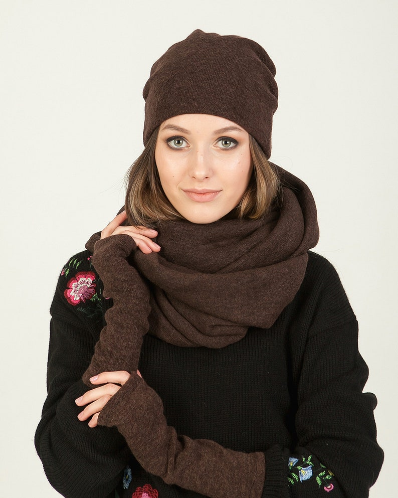 Hooded scarf hat glove set women fingerless gloves snood women Etsy